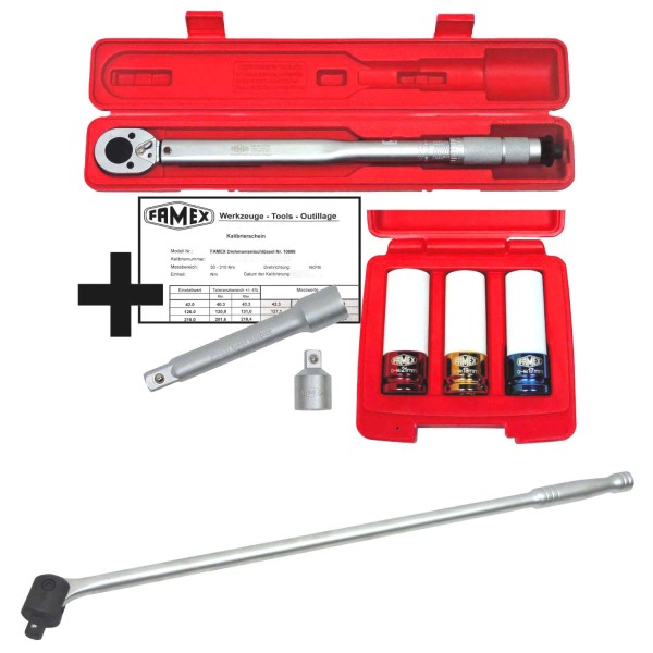 Famex 10905 Drehmomentschlüssel Set, 12,5mm (1/2 Zoll)-Antrieb, 30-210 Nm, Sparset mit Schoneinsätze