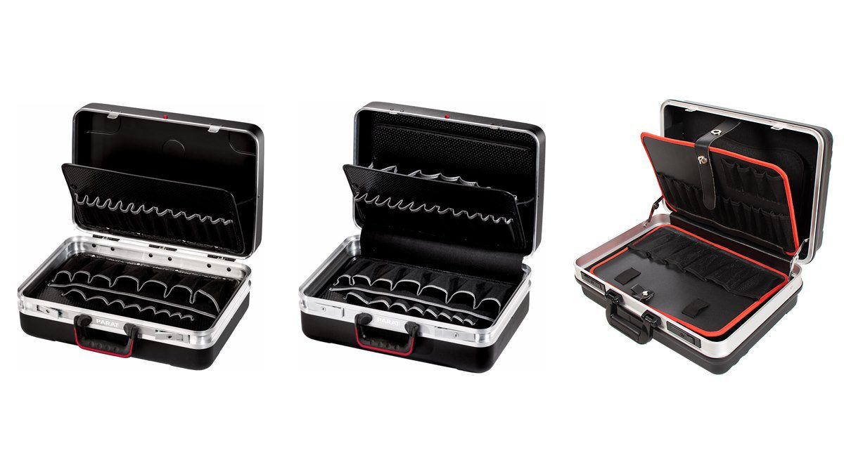 Drei leere Werkzeugkoffer offen nebeneinander: Parat SILVER Plus, Parat CLASSIC Plus und Hepco & Becker BASIC 5910