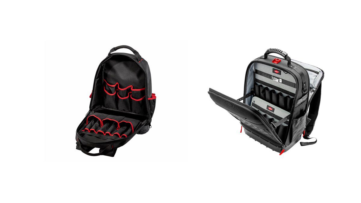 Werkzeugrucksäcke leer nebeneinander: Parat BASIC Backpack und KNIPEX Modular X18