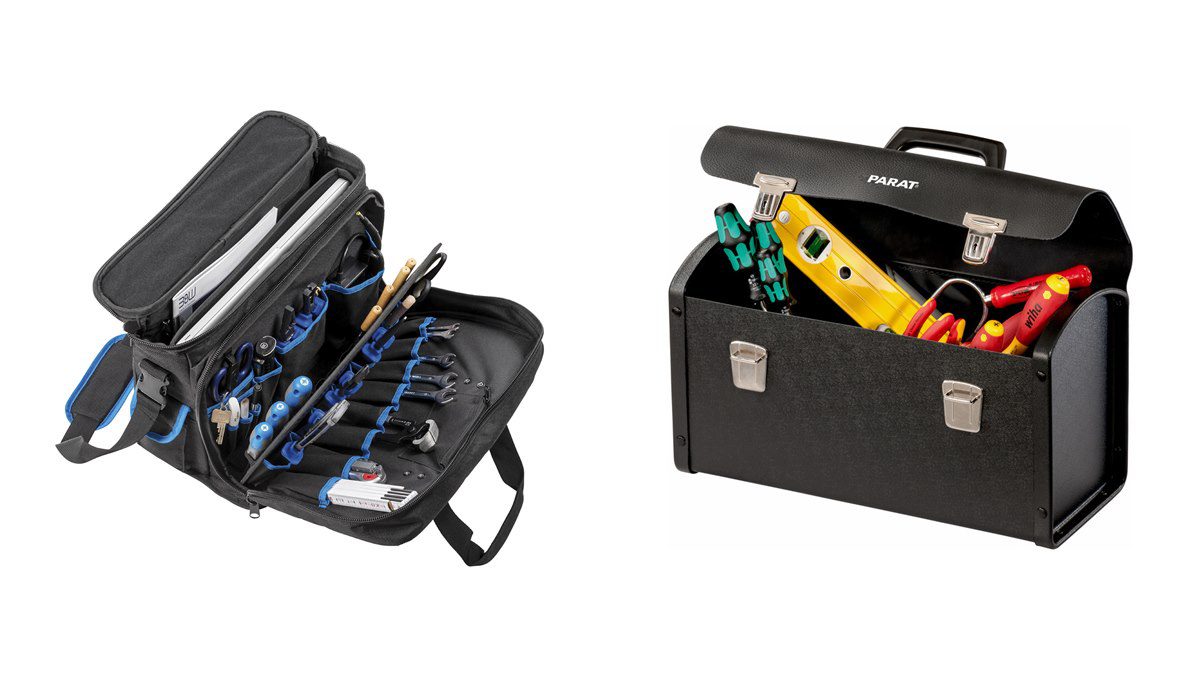 Zwei Werkzeugtaschen offen nebeneinander: B&W tool.bag TEX.253 und Parat NEW CLASSIC Individual M