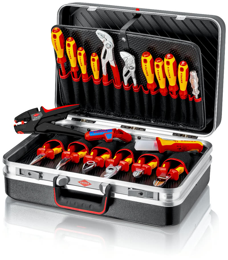 KNIPEX Vision24 Elektro Werkzeugkoffer, offen mit 20 VDE-Werkzeugen